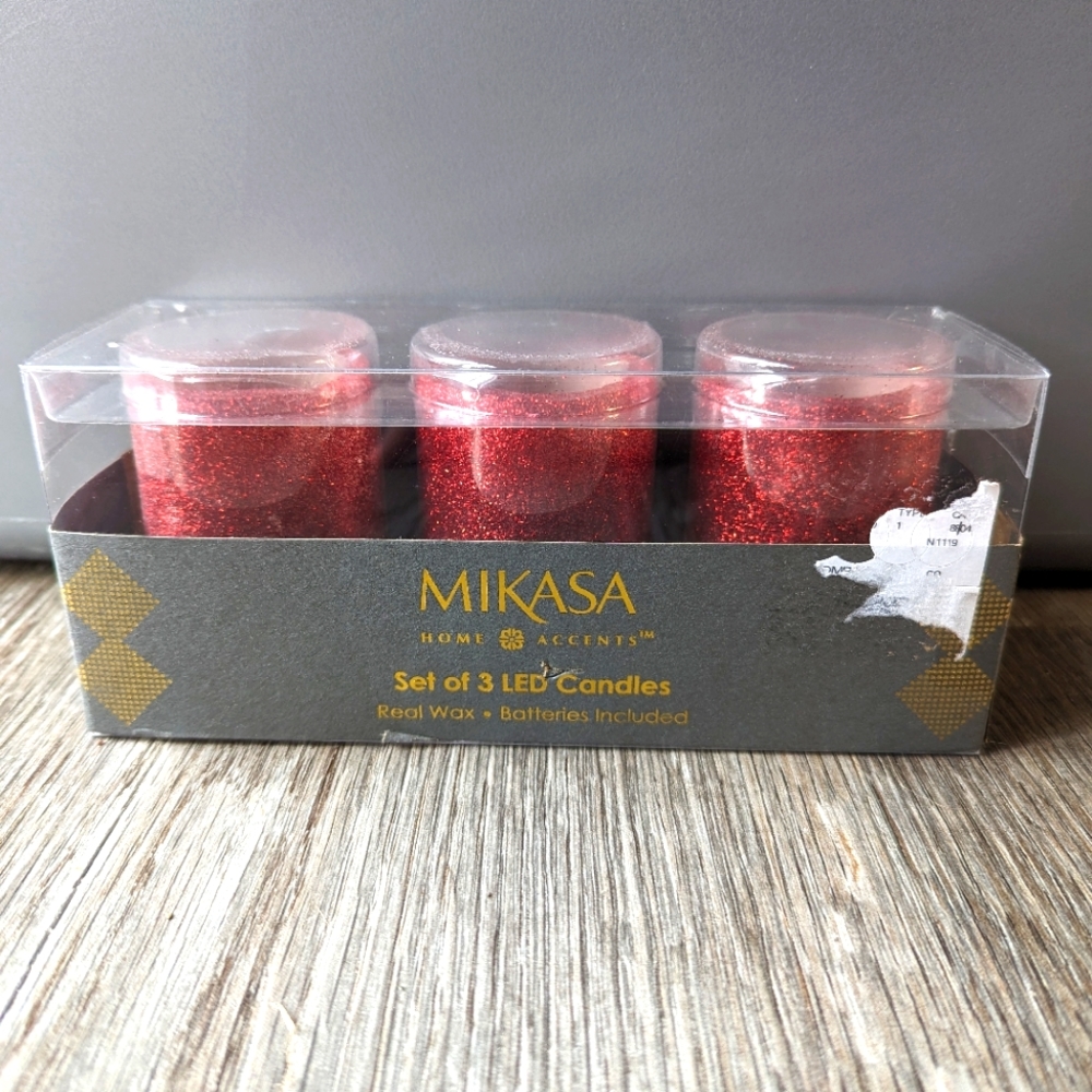 Mikasa Set of 3 LED Candles - 2 inch x 3 inch (5.1 x 7.6 cm) - Red Glitter